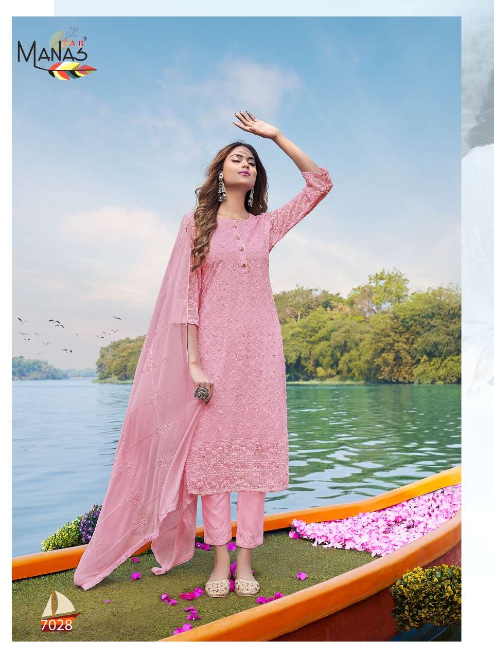 SCHIFFLI VOL-5 BY MANAS FAB 7025 TO 7030 SERIES BEAUTIFUL SUITS COLORFUL STYLISH FANCY CASUAL WEAR & ETHNIC WEAR GEORGETTE WITH SCHIFFLI WORK DRESSES AT WHOLESALE PRICE