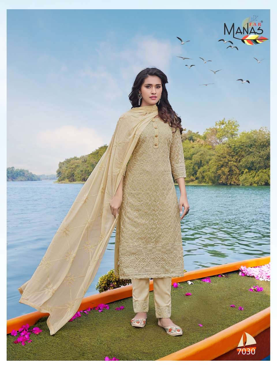 SCHIFFLI VOL-5 BY MANAS FAB 7025 TO 7030 SERIES BEAUTIFUL SUITS COLORFUL STYLISH FANCY CASUAL WEAR & ETHNIC WEAR GEORGETTE WITH SCHIFFLI WORK DRESSES AT WHOLESALE PRICE