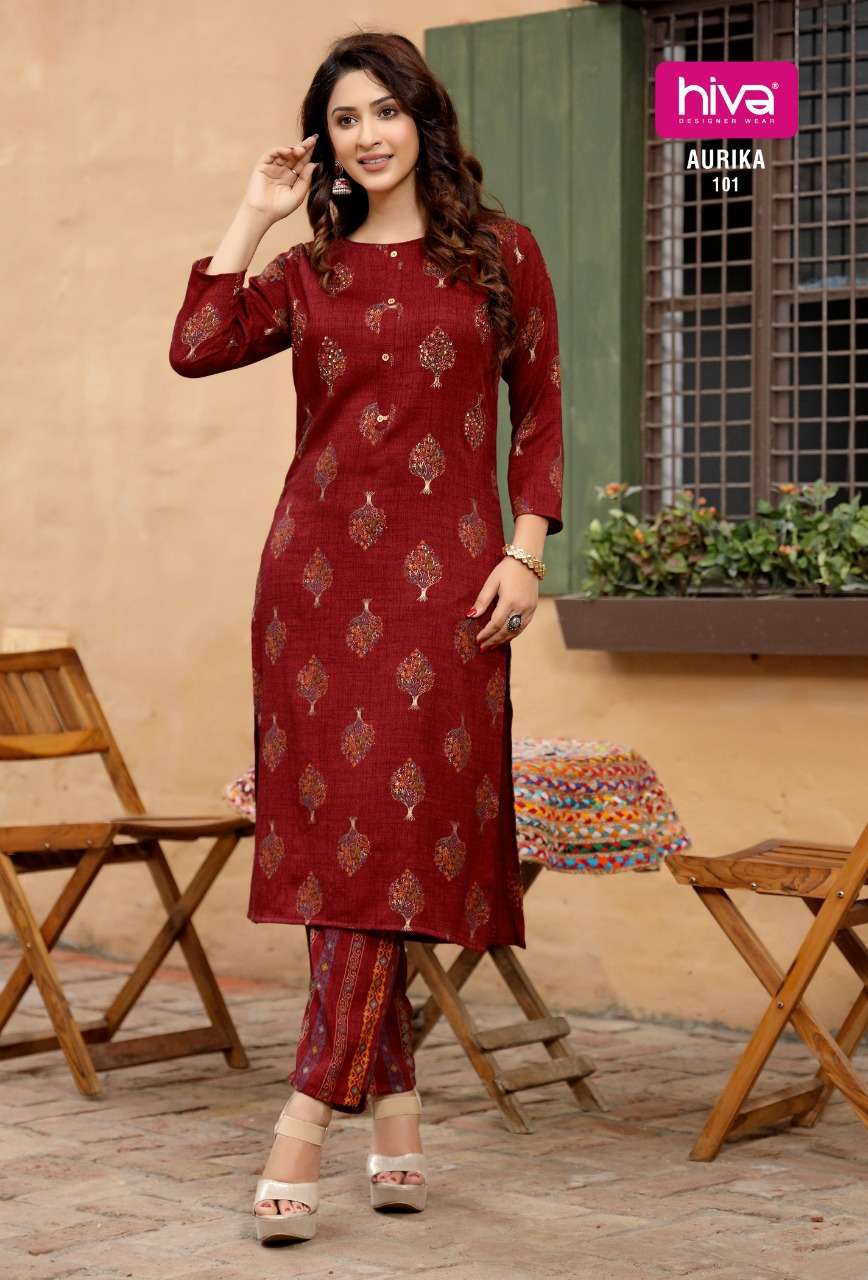 AURIKA BY HIVA 101 TO 106 SERIES DESIGNER STYLISH FANCY COLORFUL BEAUTIFUL PARTY WEAR & ETHNIC WEAR COLLECTION RAYON TWO TONE KURTIS WITH BOTTOM AT WHOLESALE PRICE