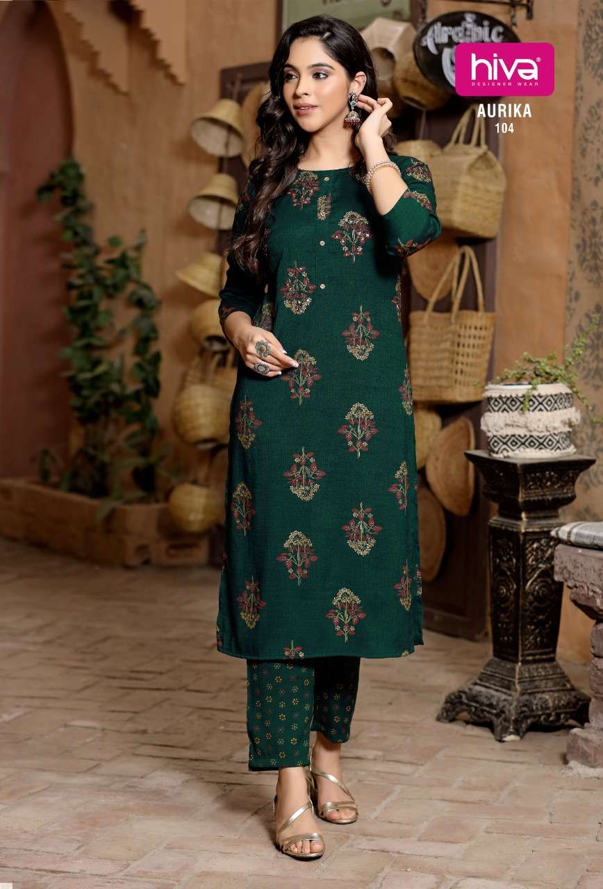 AURIKA BY HIVA 101 TO 106 SERIES DESIGNER STYLISH FANCY COLORFUL BEAUTIFUL PARTY WEAR & ETHNIC WEAR COLLECTION RAYON TWO TONE KURTIS WITH BOTTOM AT WHOLESALE PRICE