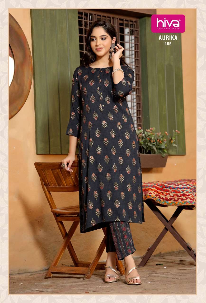 AURIKA BY HIVA 101 TO 106 SERIES DESIGNER STYLISH FANCY COLORFUL BEAUTIFUL PARTY WEAR & ETHNIC WEAR COLLECTION RAYON TWO TONE KURTIS WITH BOTTOM AT WHOLESALE PRICE