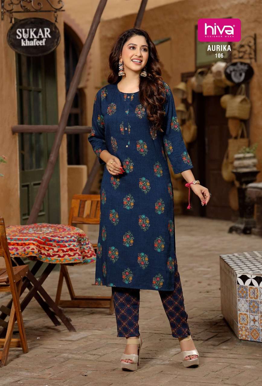 AURIKA BY HIVA 101 TO 106 SERIES DESIGNER STYLISH FANCY COLORFUL BEAUTIFUL PARTY WEAR & ETHNIC WEAR COLLECTION RAYON TWO TONE KURTIS WITH BOTTOM AT WHOLESALE PRICE