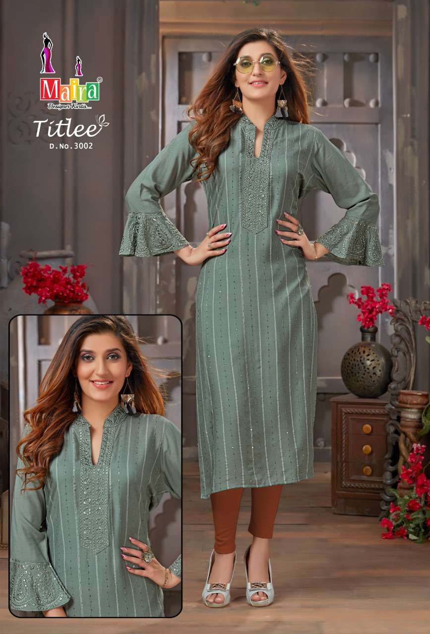 TITLEE VOL-3 BY MAIRA 3001 TO 3008 SERIES DESIGNER STYLISH FANCY COLORFUL BEAUTIFUL PARTY WEAR & ETHNIC WEAR COLLECTION HEAVY RAYON EMBROIDERY KURTIS AT WHOLESALE PRICE