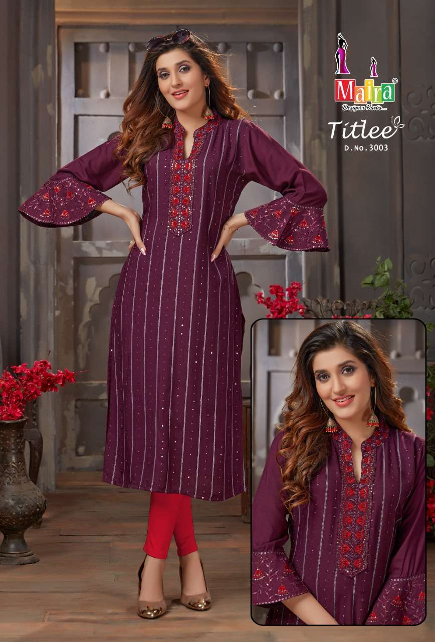 TITLEE VOL-3 BY MAIRA 3001 TO 3008 SERIES DESIGNER STYLISH FANCY COLORFUL BEAUTIFUL PARTY WEAR & ETHNIC WEAR COLLECTION HEAVY RAYON EMBROIDERY KURTIS AT WHOLESALE PRICE