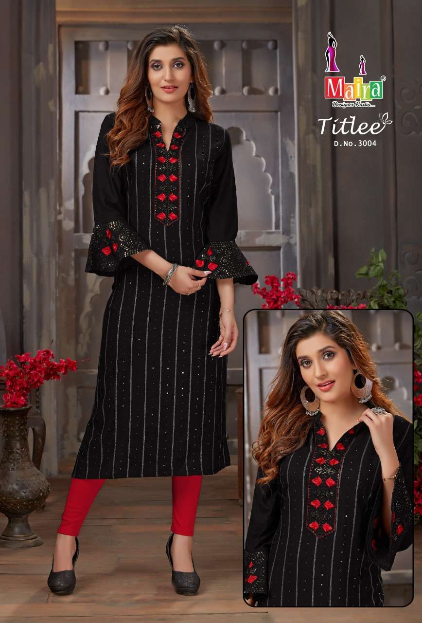 TITLEE VOL-3 BY MAIRA 3001 TO 3008 SERIES DESIGNER STYLISH FANCY COLORFUL BEAUTIFUL PARTY WEAR & ETHNIC WEAR COLLECTION HEAVY RAYON EMBROIDERY KURTIS AT WHOLESALE PRICE