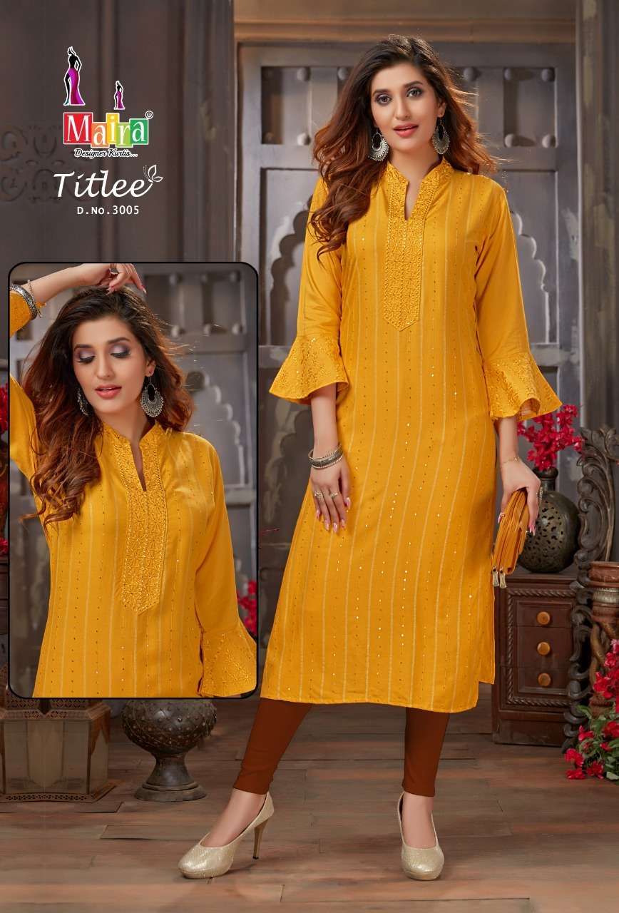 TITLEE VOL-3 BY MAIRA 3001 TO 3008 SERIES DESIGNER STYLISH FANCY COLORFUL BEAUTIFUL PARTY WEAR & ETHNIC WEAR COLLECTION HEAVY RAYON EMBROIDERY KURTIS AT WHOLESALE PRICE