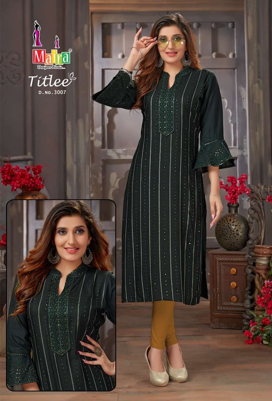 TITLEE VOL-3 BY MAIRA 3001 TO 3008 SERIES DESIGNER STYLISH FANCY COLORFUL BEAUTIFUL PARTY WEAR & ETHNIC WEAR COLLECTION HEAVY RAYON EMBROIDERY KURTIS AT WHOLESALE PRICE