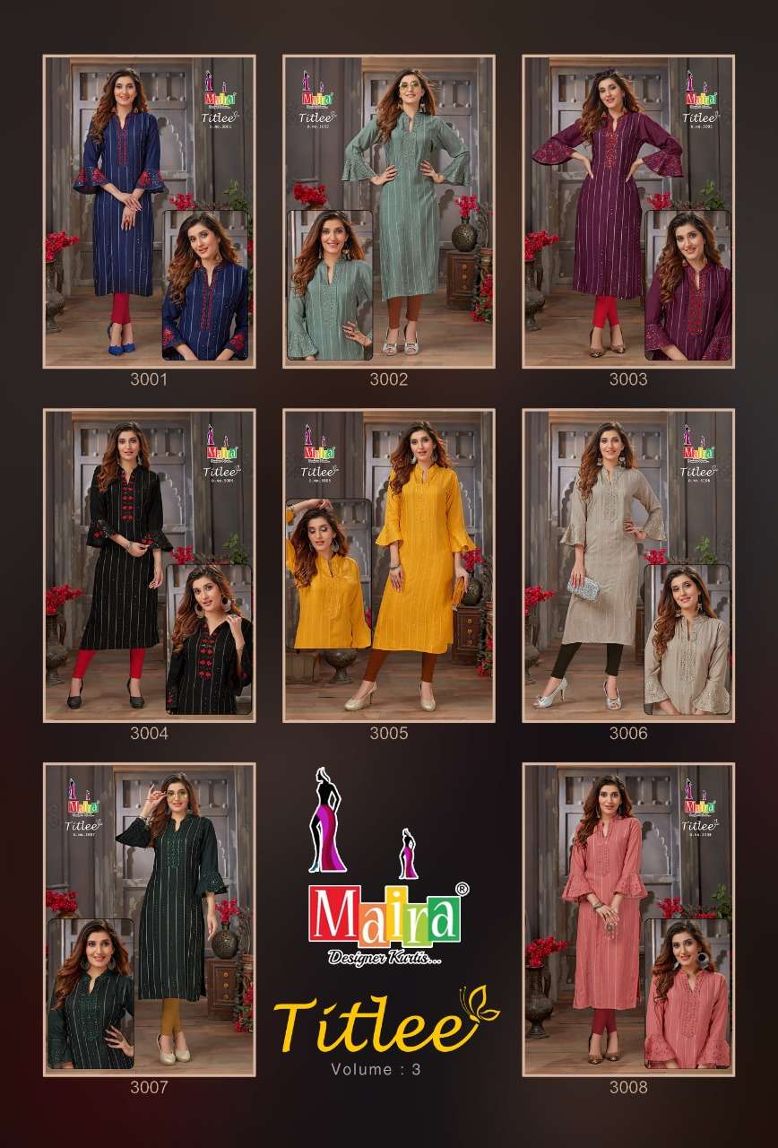 TITLEE VOL-3 BY MAIRA 3001 TO 3008 SERIES DESIGNER STYLISH FANCY COLORFUL BEAUTIFUL PARTY WEAR & ETHNIC WEAR COLLECTION HEAVY RAYON EMBROIDERY KURTIS AT WHOLESALE PRICE