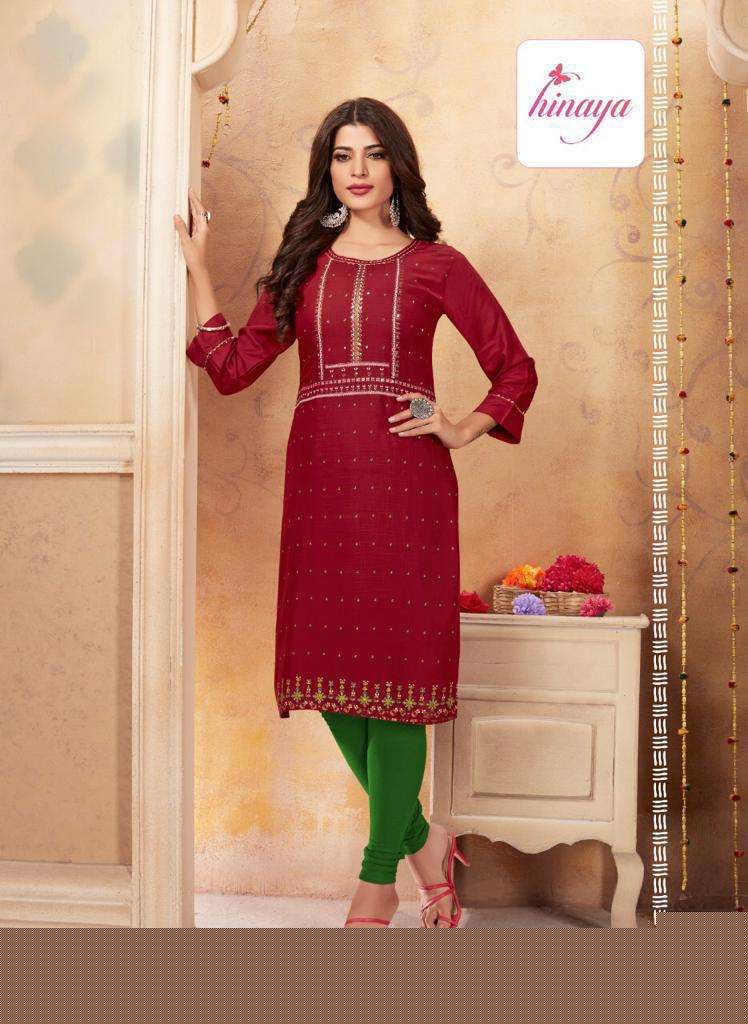 TIARA VOL-5 BY HINAYA 5001 TO 5008 SERIES DESIGNER STYLISH FANCY COLORFUL BEAUTIFUL PARTY WEAR & ETHNIC WEAR COLLECTION RAYON EMBROIDERY KURTIS AT WHOLESALE PRICE