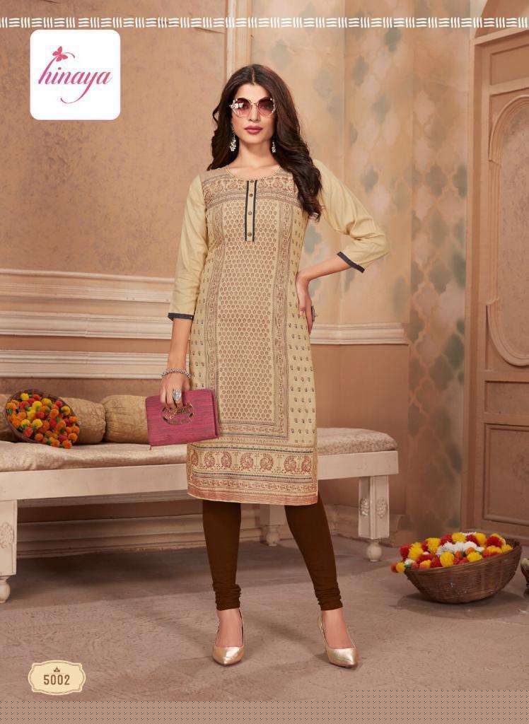 TIARA VOL-5 BY HINAYA 5001 TO 5008 SERIES DESIGNER STYLISH FANCY COLORFUL BEAUTIFUL PARTY WEAR & ETHNIC WEAR COLLECTION RAYON EMBROIDERY KURTIS AT WHOLESALE PRICE