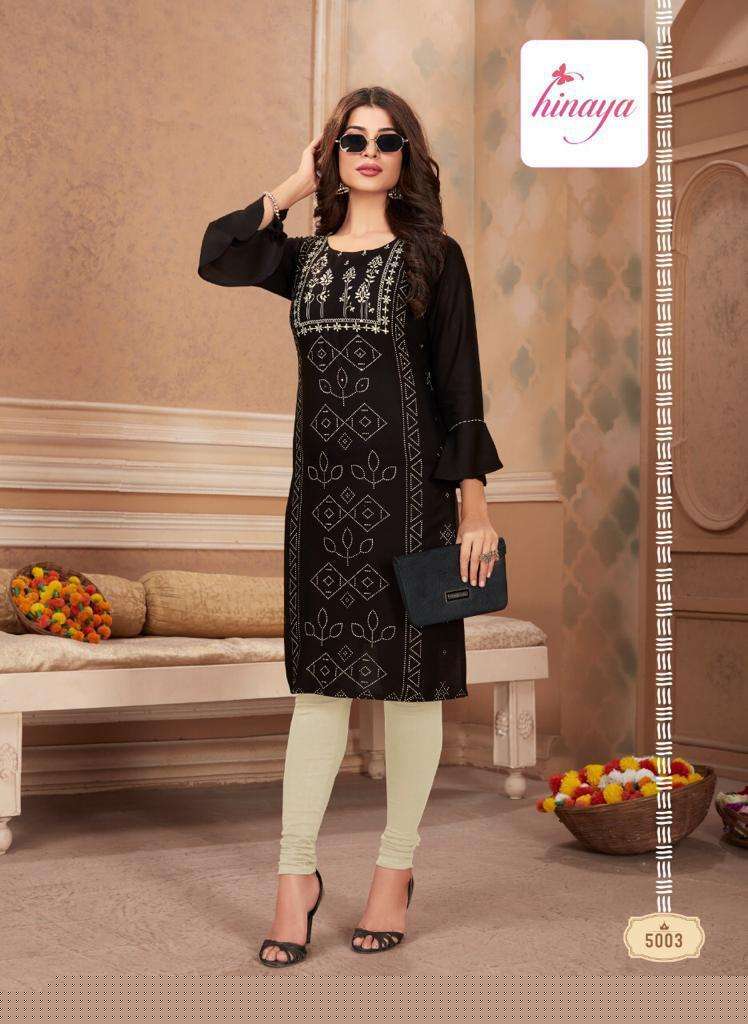 TIARA VOL-5 BY HINAYA 5001 TO 5008 SERIES DESIGNER STYLISH FANCY COLORFUL BEAUTIFUL PARTY WEAR & ETHNIC WEAR COLLECTION RAYON EMBROIDERY KURTIS AT WHOLESALE PRICE