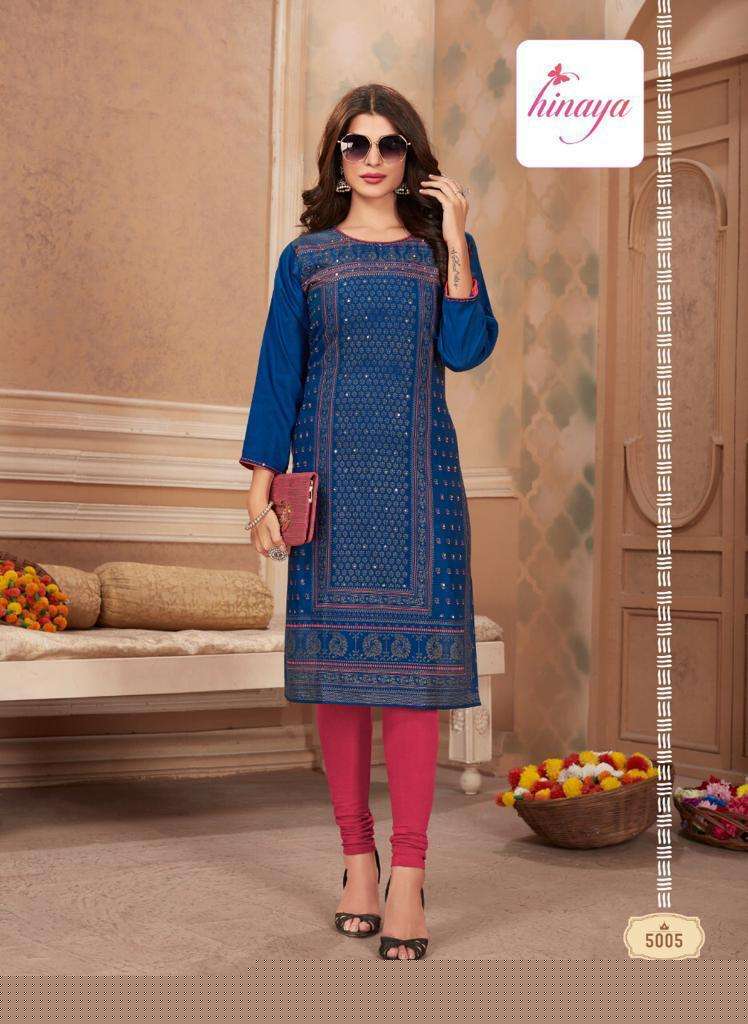 TIARA VOL-5 BY HINAYA 5001 TO 5008 SERIES DESIGNER STYLISH FANCY COLORFUL BEAUTIFUL PARTY WEAR & ETHNIC WEAR COLLECTION RAYON EMBROIDERY KURTIS AT WHOLESALE PRICE