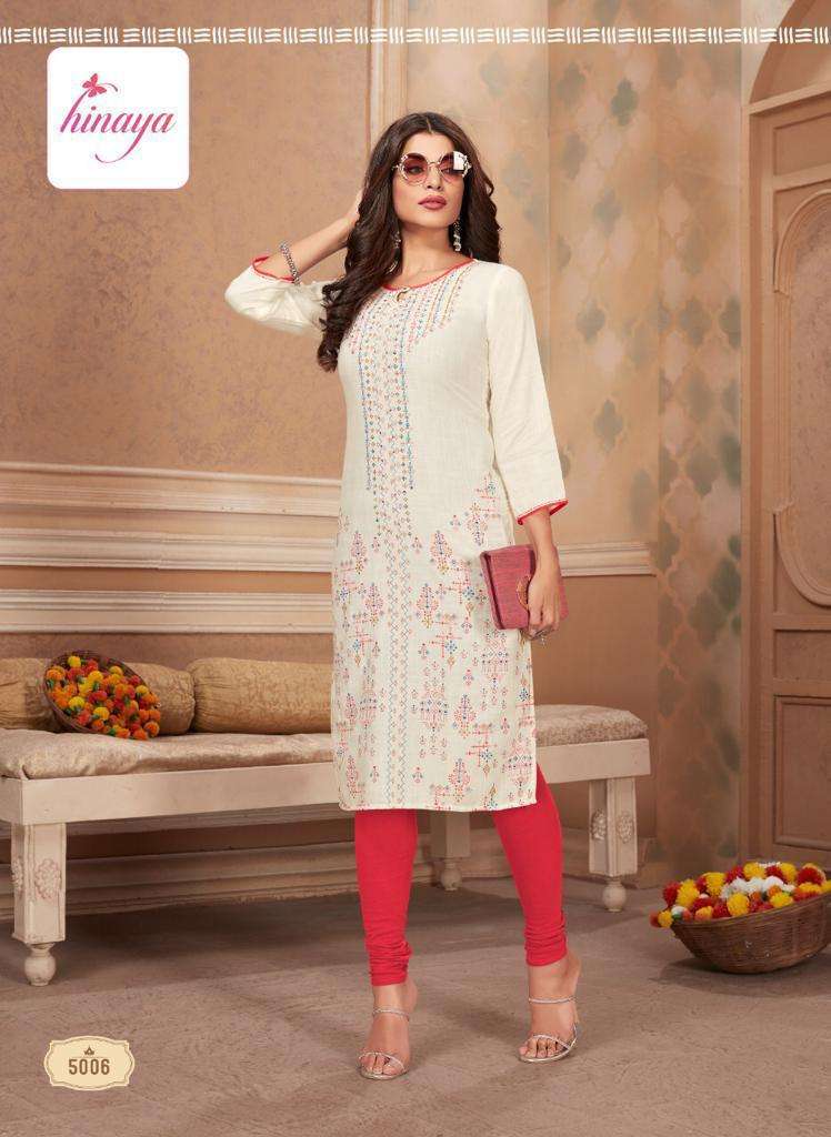 TIARA VOL-5 BY HINAYA 5001 TO 5008 SERIES DESIGNER STYLISH FANCY COLORFUL BEAUTIFUL PARTY WEAR & ETHNIC WEAR COLLECTION RAYON EMBROIDERY KURTIS AT WHOLESALE PRICE