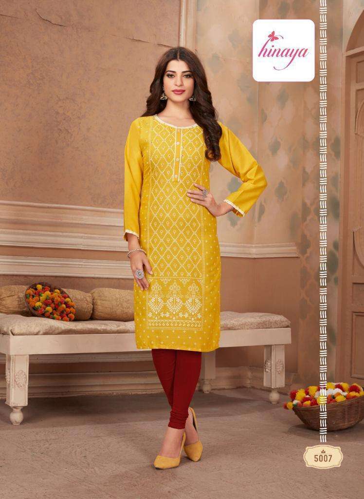 TIARA VOL-5 BY HINAYA 5001 TO 5008 SERIES DESIGNER STYLISH FANCY COLORFUL BEAUTIFUL PARTY WEAR & ETHNIC WEAR COLLECTION RAYON EMBROIDERY KURTIS AT WHOLESALE PRICE