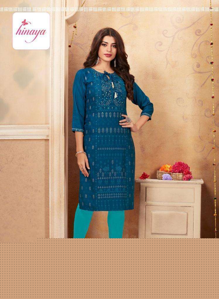 TIARA VOL-5 BY HINAYA 5001 TO 5008 SERIES DESIGNER STYLISH FANCY COLORFUL BEAUTIFUL PARTY WEAR & ETHNIC WEAR COLLECTION RAYON EMBROIDERY KURTIS AT WHOLESALE PRICE