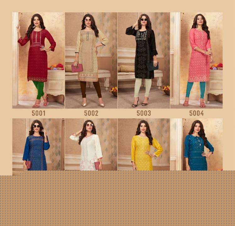 TIARA VOL-5 BY HINAYA 5001 TO 5008 SERIES DESIGNER STYLISH FANCY COLORFUL BEAUTIFUL PARTY WEAR & ETHNIC WEAR COLLECTION RAYON EMBROIDERY KURTIS AT WHOLESALE PRICE