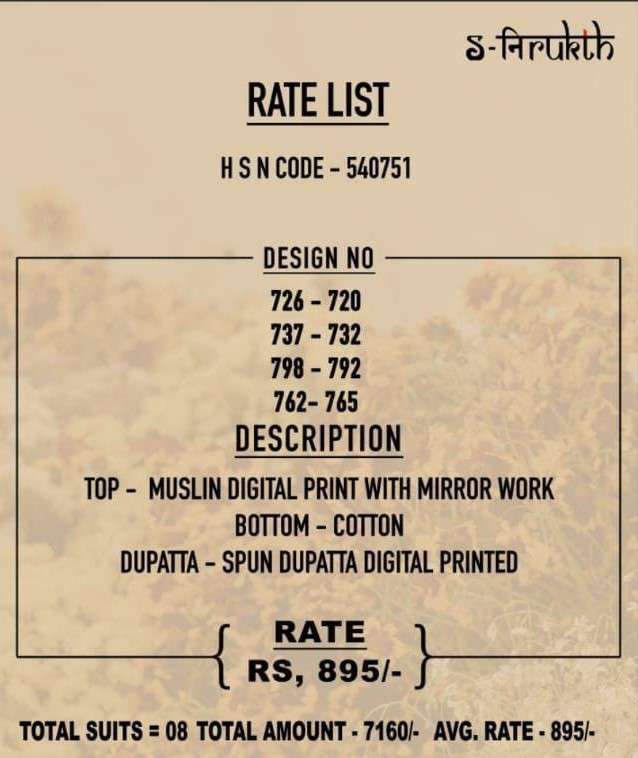 SHAGUN BY S-NIRUKTH BEAUTIFUL STYLISH SUITS FANCY COLORFUL CASUAL WEAR & ETHNIC WEAR & READY TO WEAR MUSLIN DIGITAL PRINTED DRESSES AT WHOLESALE PRICE