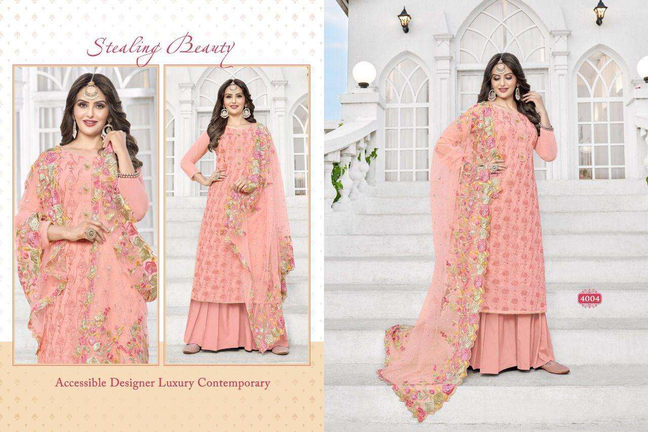 ATRANGI BY A M CREATION 4001 TO 4004 SERIES BEAUTIFUL STYLISH SHARARA SUITS FANCY COLORFUL CASUAL WEAR & ETHNIC WEAR & READY TO WEAR HEAVY GEORGETTE DRESSES AT WHOLESALE PRICE