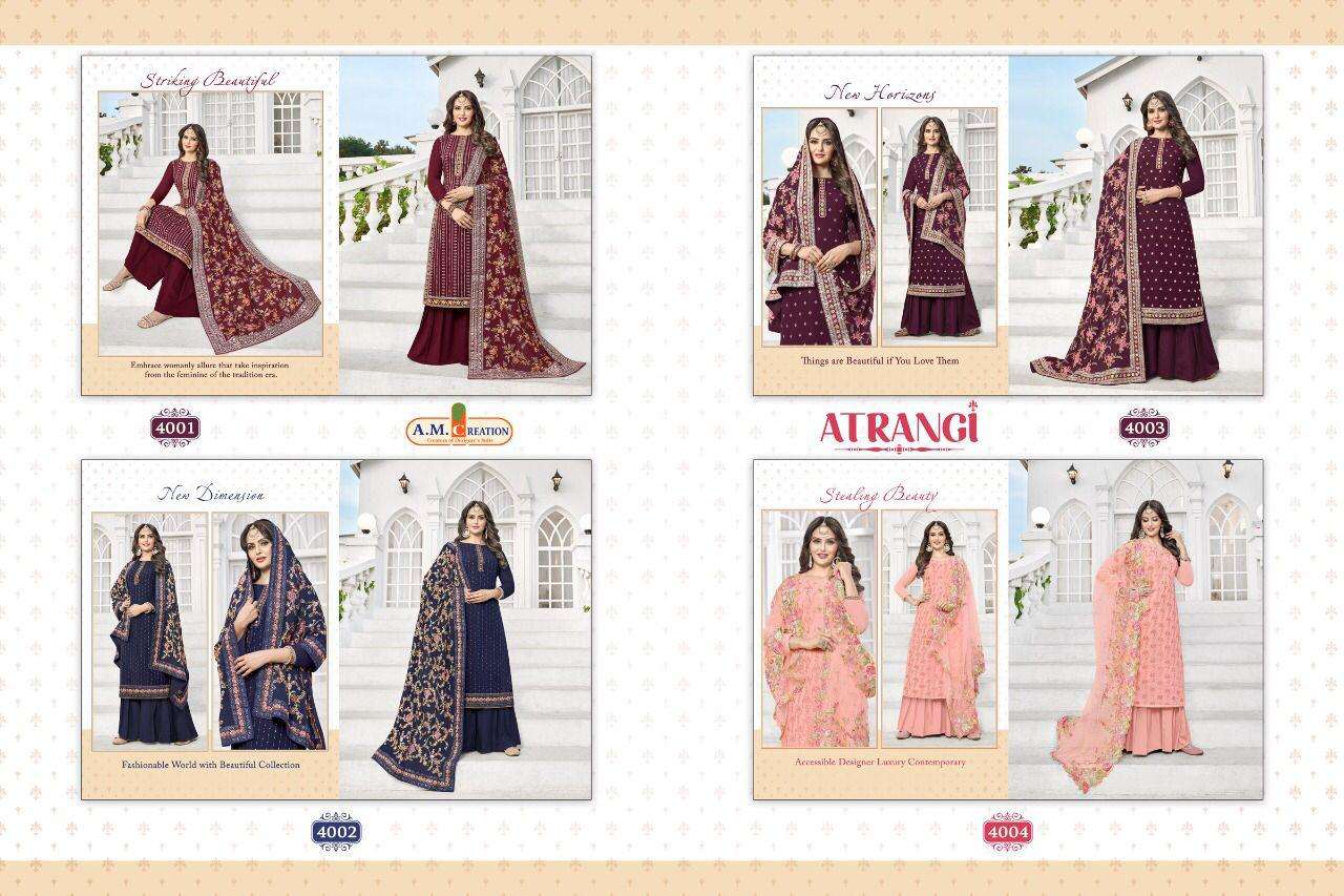 ATRANGI BY A M CREATION 4001 TO 4004 SERIES BEAUTIFUL STYLISH SHARARA SUITS FANCY COLORFUL CASUAL WEAR & ETHNIC WEAR & READY TO WEAR HEAVY GEORGETTE DRESSES AT WHOLESALE PRICE