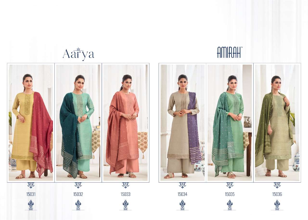 AARYA BY AMIRAH 15031 TO 15036 SERIES BEAUTIFUL STYLISH SHARARA SUITS FANCY COLORFUL CASUAL WEAR & ETHNIC WEAR & READY TO WEAR TUSSAR SILK DIGITAL PRINTED DRESSES AT WHOLESALE PRICE