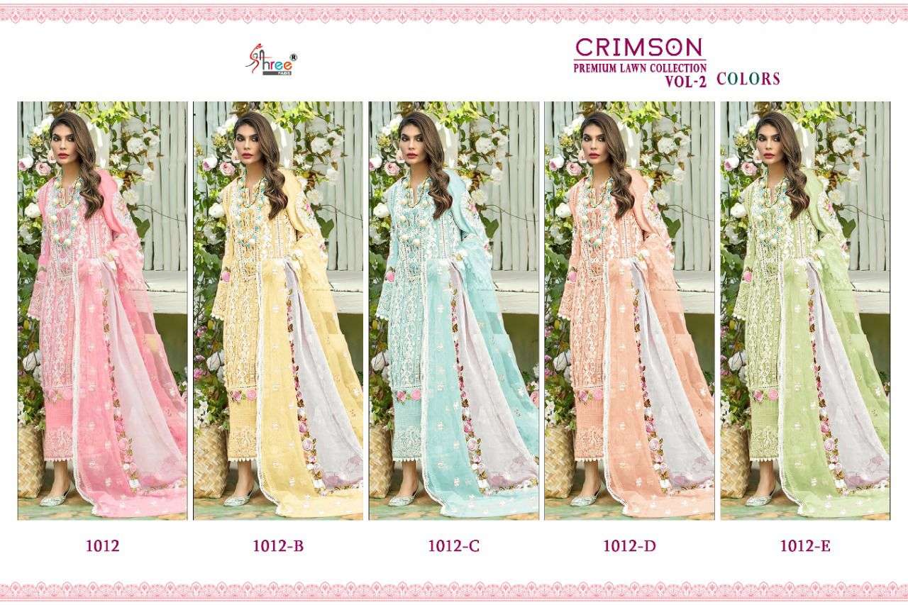 Crimson Premium Lawn Collection Vol-2 Colors By Shree Fabs 1012 To 1012-E Series Designer Pakistani Suits Beautiful Fancy Colorful Stylish Party Wear & Occasional Wear Pure Cotton With Embroidery Dresses At Wholesale Price