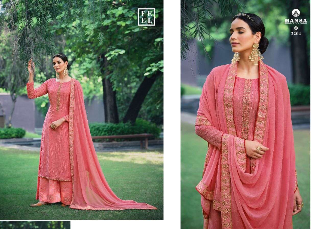 SWARAGINI BY HANSA PRINTS 2201 TO 2206 SERIES BEAUTIFUL SUITS COLORFUL STYLISH FANCY CASUAL WEAR & ETHNIC WEAR PURE BEMBERG GEORGETTE EMBROIDERED DRESSES AT WHOLESALE PRICE