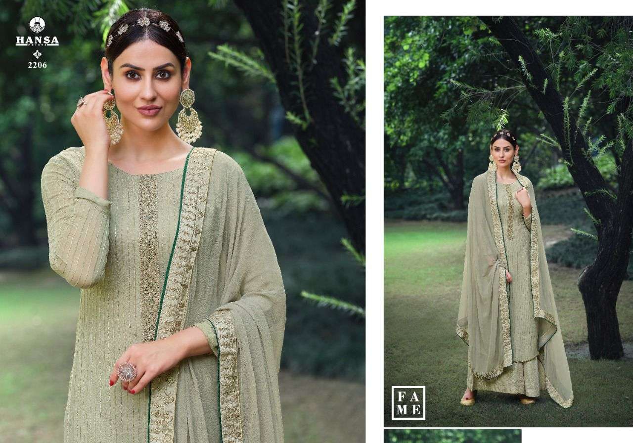 SWARAGINI BY HANSA PRINTS 2201 TO 2206 SERIES BEAUTIFUL SUITS COLORFUL STYLISH FANCY CASUAL WEAR & ETHNIC WEAR PURE BEMBERG GEORGETTE EMBROIDERED DRESSES AT WHOLESALE PRICE