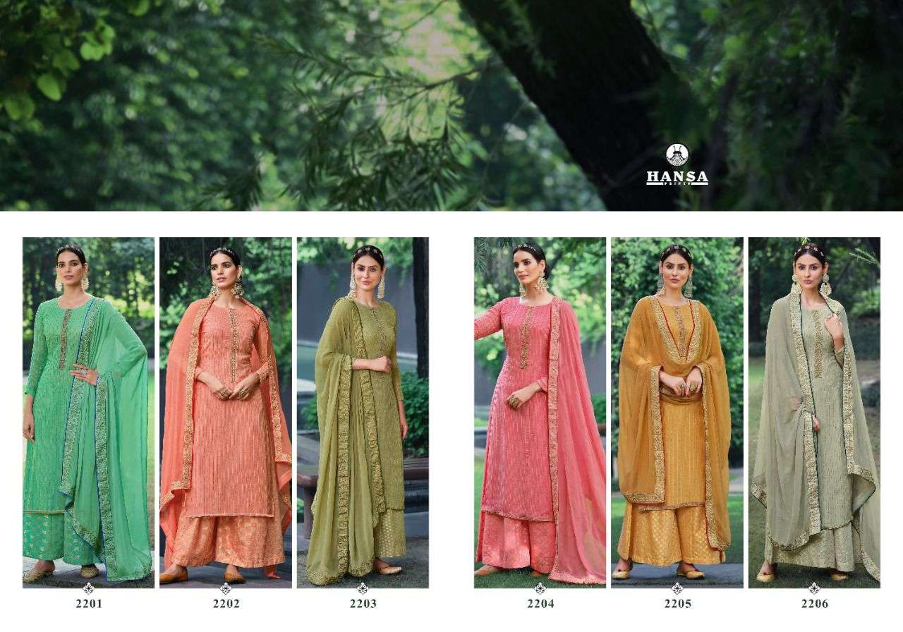 SWARAGINI BY HANSA PRINTS 2201 TO 2206 SERIES BEAUTIFUL SUITS COLORFUL STYLISH FANCY CASUAL WEAR & ETHNIC WEAR PURE BEMBERG GEORGETTE EMBROIDERED DRESSES AT WHOLESALE PRICE