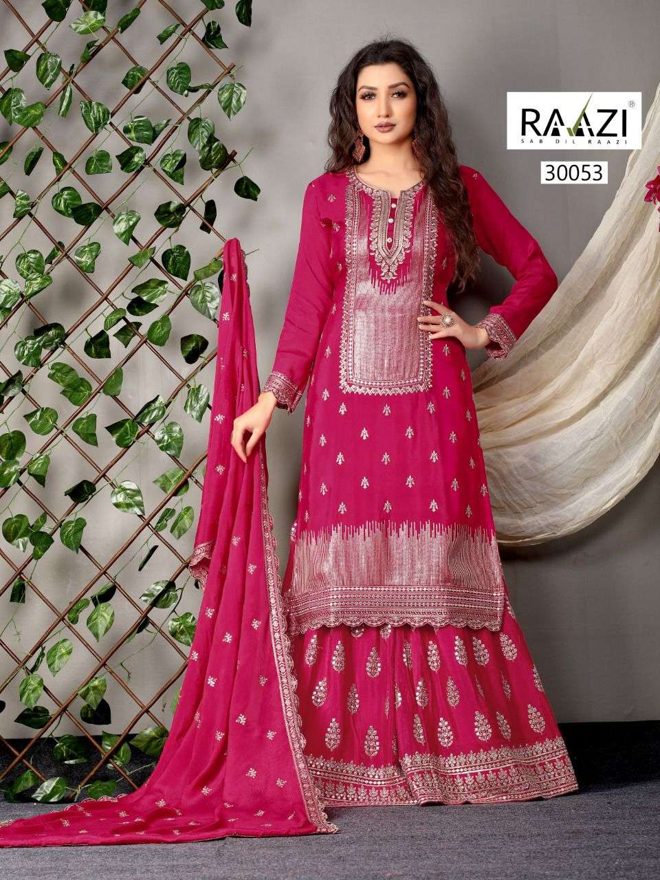 DILBARO VOL-5 BY RAMA FASHION 30053 TO 30058 SERIES BEAUTIFUL STYLISH SHARARA SUITS FANCY COLORFUL CASUAL WEAR & ETHNIC WEAR & READY TO WEAR HEAVY CHINNON EMBROIDERED DRESSES AT WHOLESALE PRICE
