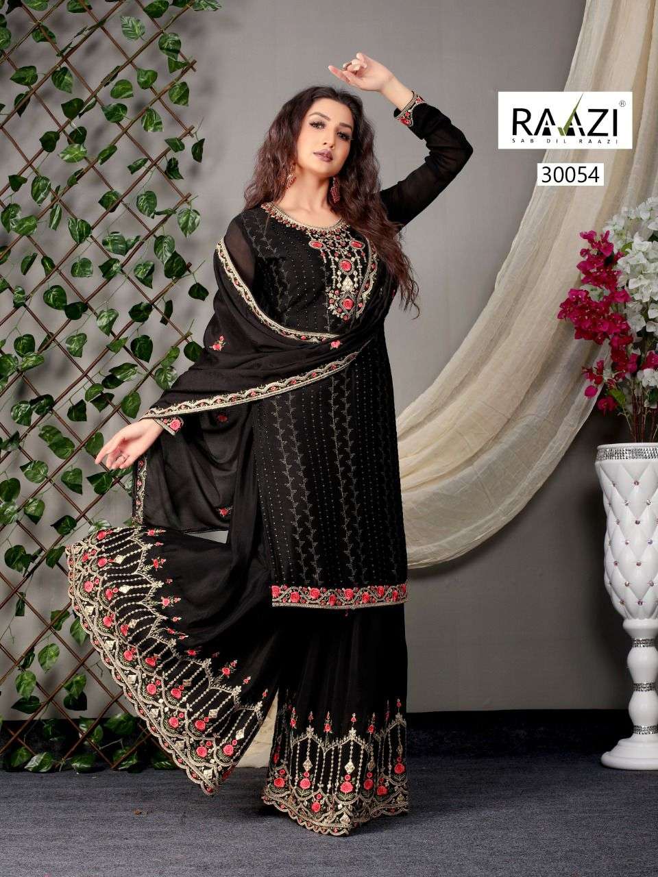 DILBARO VOL-5 BY RAMA FASHION 30053 TO 30058 SERIES BEAUTIFUL STYLISH SHARARA SUITS FANCY COLORFUL CASUAL WEAR & ETHNIC WEAR & READY TO WEAR HEAVY CHINNON EMBROIDERED DRESSES AT WHOLESALE PRICE