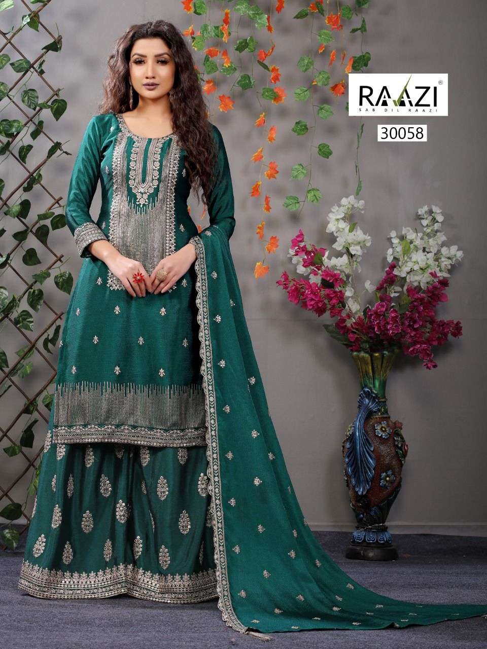 DILBARO VOL-5 BY RAMA FASHION 30053 TO 30058 SERIES BEAUTIFUL STYLISH SHARARA SUITS FANCY COLORFUL CASUAL WEAR & ETHNIC WEAR & READY TO WEAR HEAVY CHINNON EMBROIDERED DRESSES AT WHOLESALE PRICE