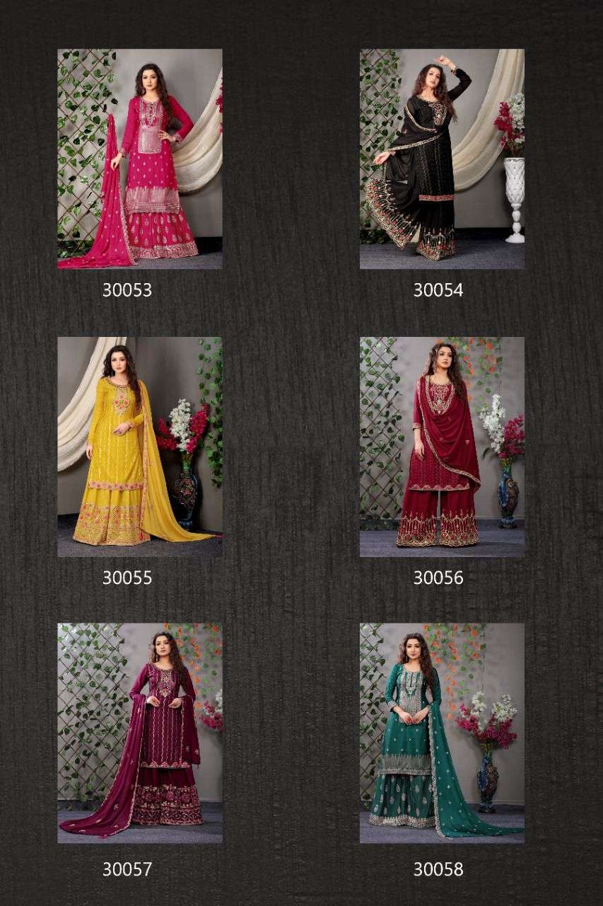 DILBARO VOL-5 BY RAMA FASHION 30053 TO 30058 SERIES BEAUTIFUL STYLISH SHARARA SUITS FANCY COLORFUL CASUAL WEAR & ETHNIC WEAR & READY TO WEAR HEAVY CHINNON EMBROIDERED DRESSES AT WHOLESALE PRICE