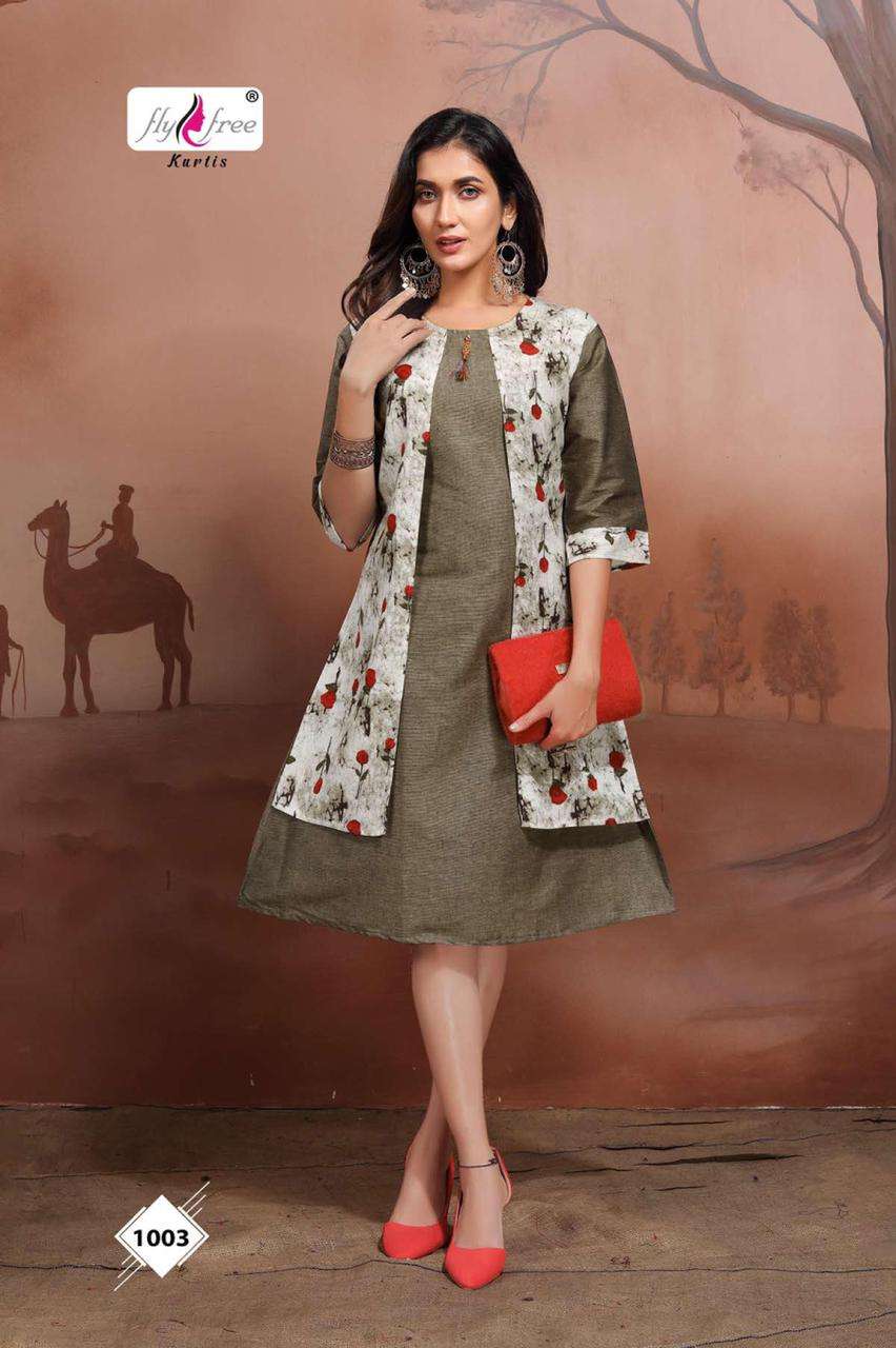 FRENY VOL-3 BY FLY FREE 1001 TO 1008 SERIES DESIGNER STYLISH FANCY COLORFUL BEAUTIFUL PARTY WEAR & ETHNIC WEAR COLLECTION HANDLOOM COTTON KURTIS WITH JACKET AT WHOLESALE PRICE