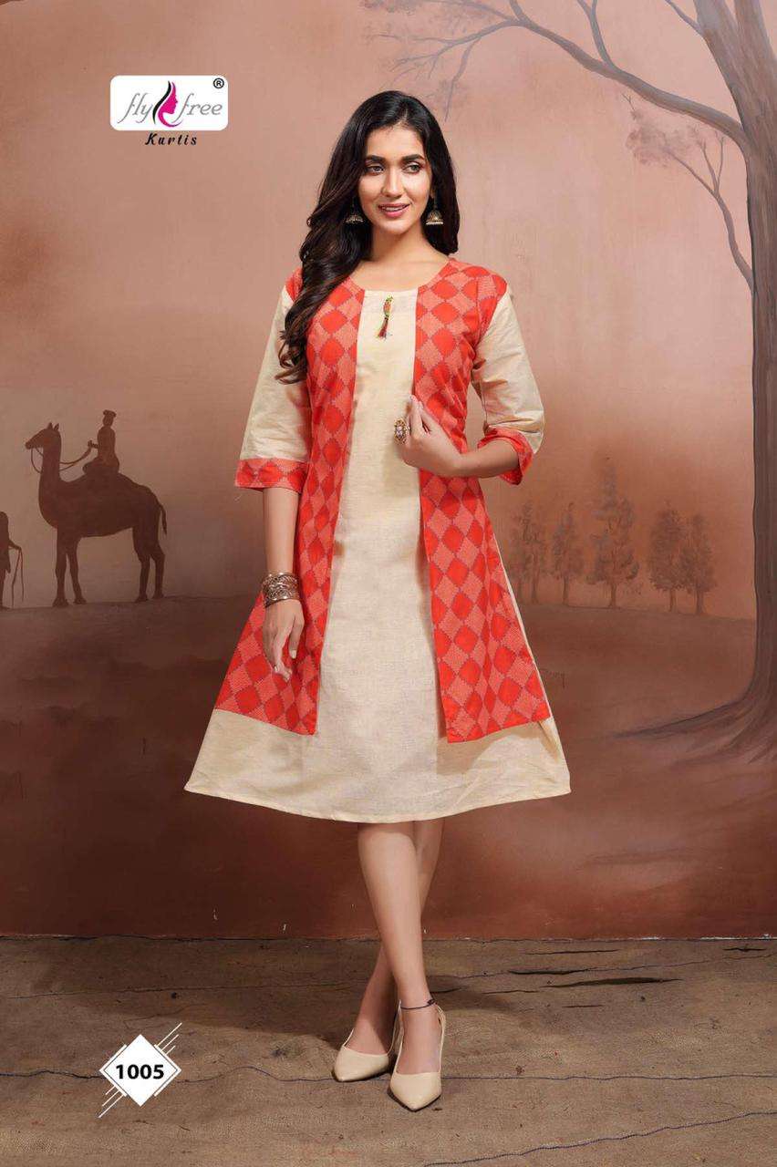FRENY VOL-3 BY FLY FREE 1001 TO 1008 SERIES DESIGNER STYLISH FANCY COLORFUL BEAUTIFUL PARTY WEAR & ETHNIC WEAR COLLECTION HANDLOOM COTTON KURTIS WITH JACKET AT WHOLESALE PRICE