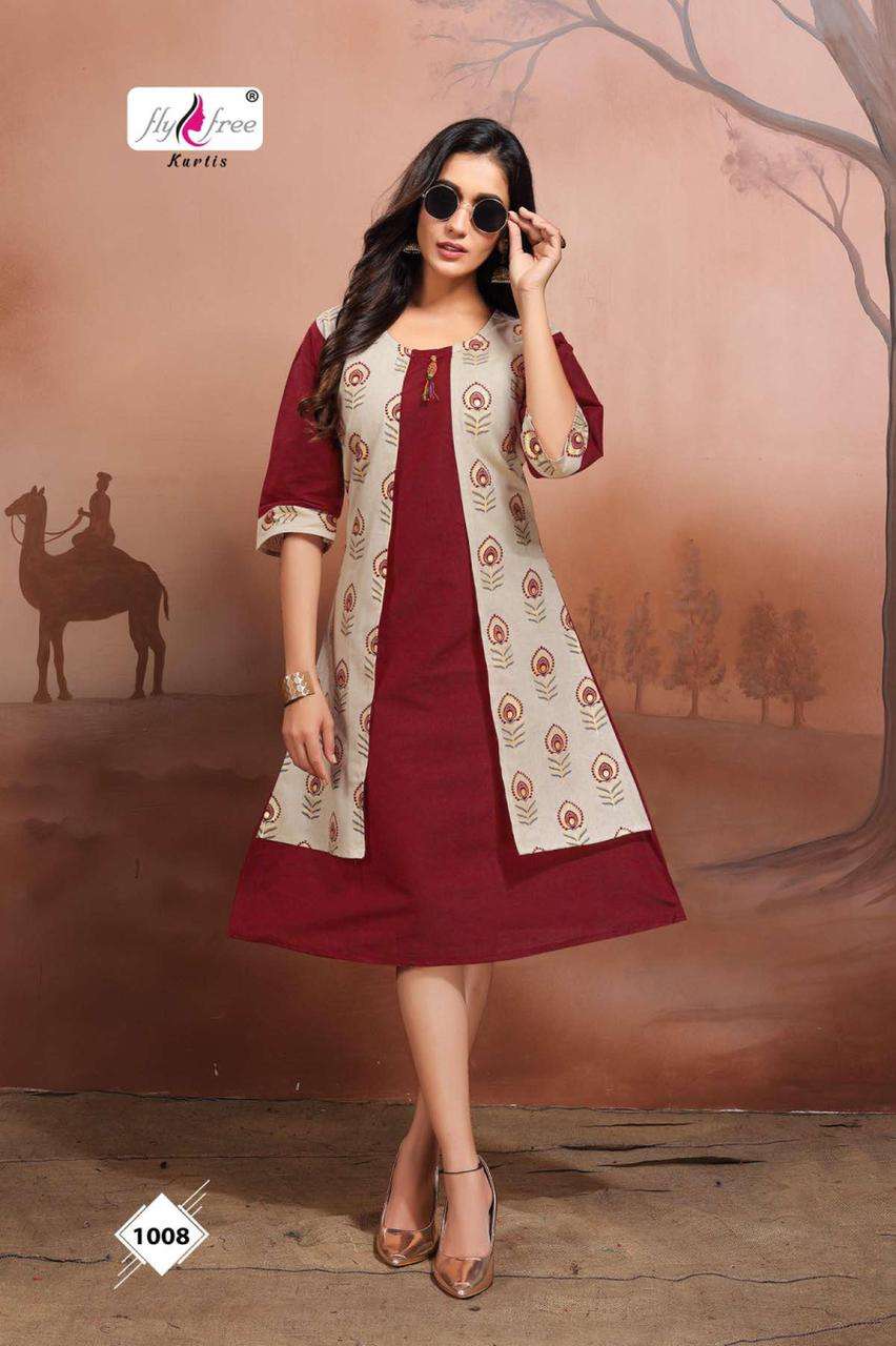 FRENY VOL-3 BY FLY FREE 1001 TO 1008 SERIES DESIGNER STYLISH FANCY COLORFUL BEAUTIFUL PARTY WEAR & ETHNIC WEAR COLLECTION HANDLOOM COTTON KURTIS WITH JACKET AT WHOLESALE PRICE