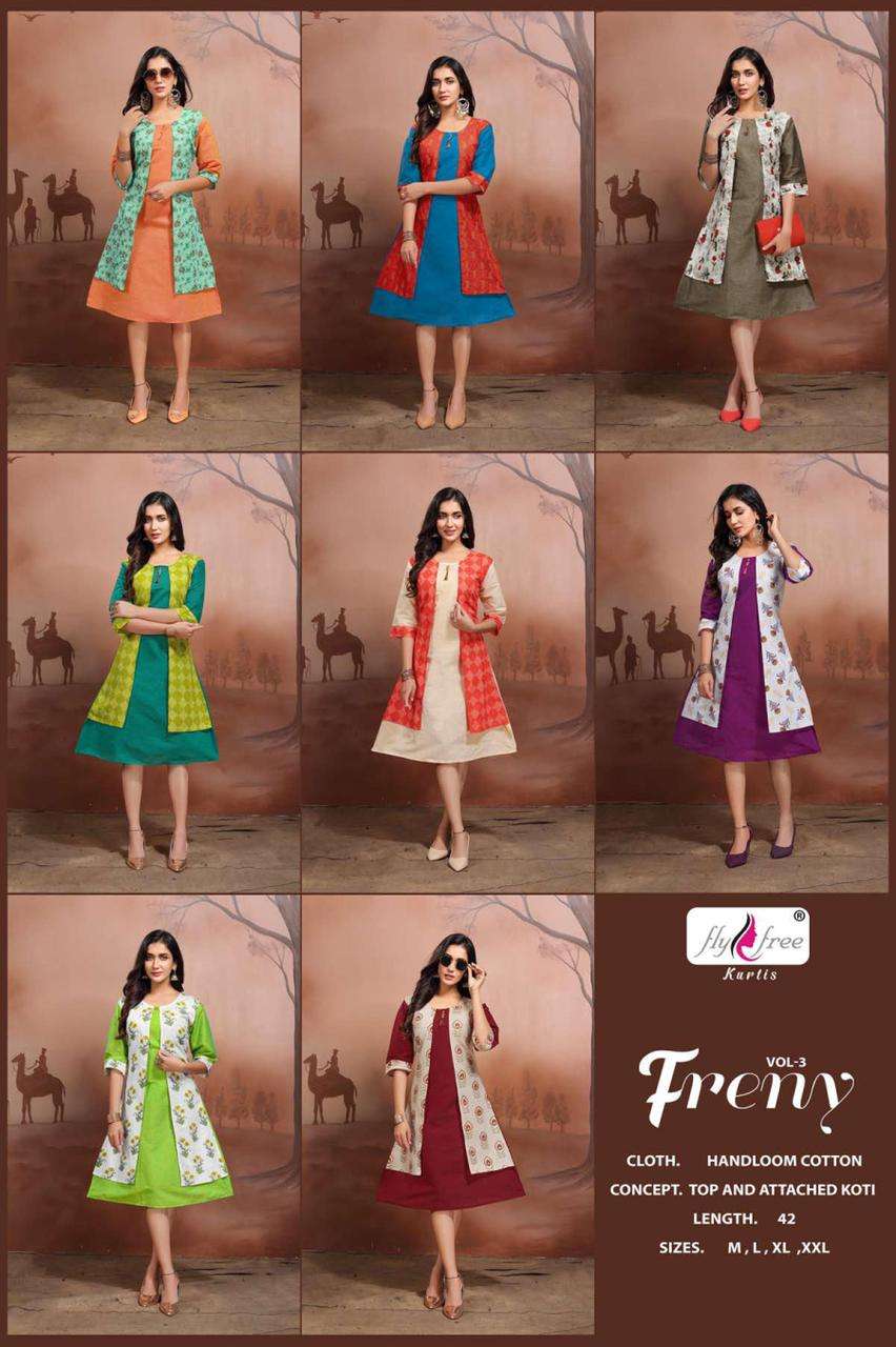 FRENY VOL-3 BY FLY FREE 1001 TO 1008 SERIES DESIGNER STYLISH FANCY COLORFUL BEAUTIFUL PARTY WEAR & ETHNIC WEAR COLLECTION HANDLOOM COTTON KURTIS WITH JACKET AT WHOLESALE PRICE
