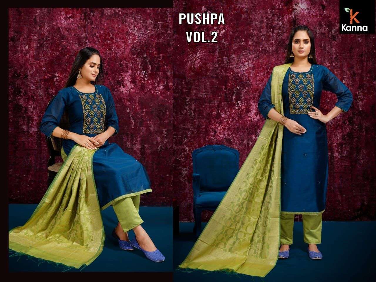 PUSHPA VOL-2 BY KANNA 201 TO 208 SERIES BEAUTIFUL SUITS COLORFUL STYLISH FANCY CASUAL WEAR & ETHNIC WEAR HEAVY MODAL SILK DRESSES AT WHOLESALE PRICE