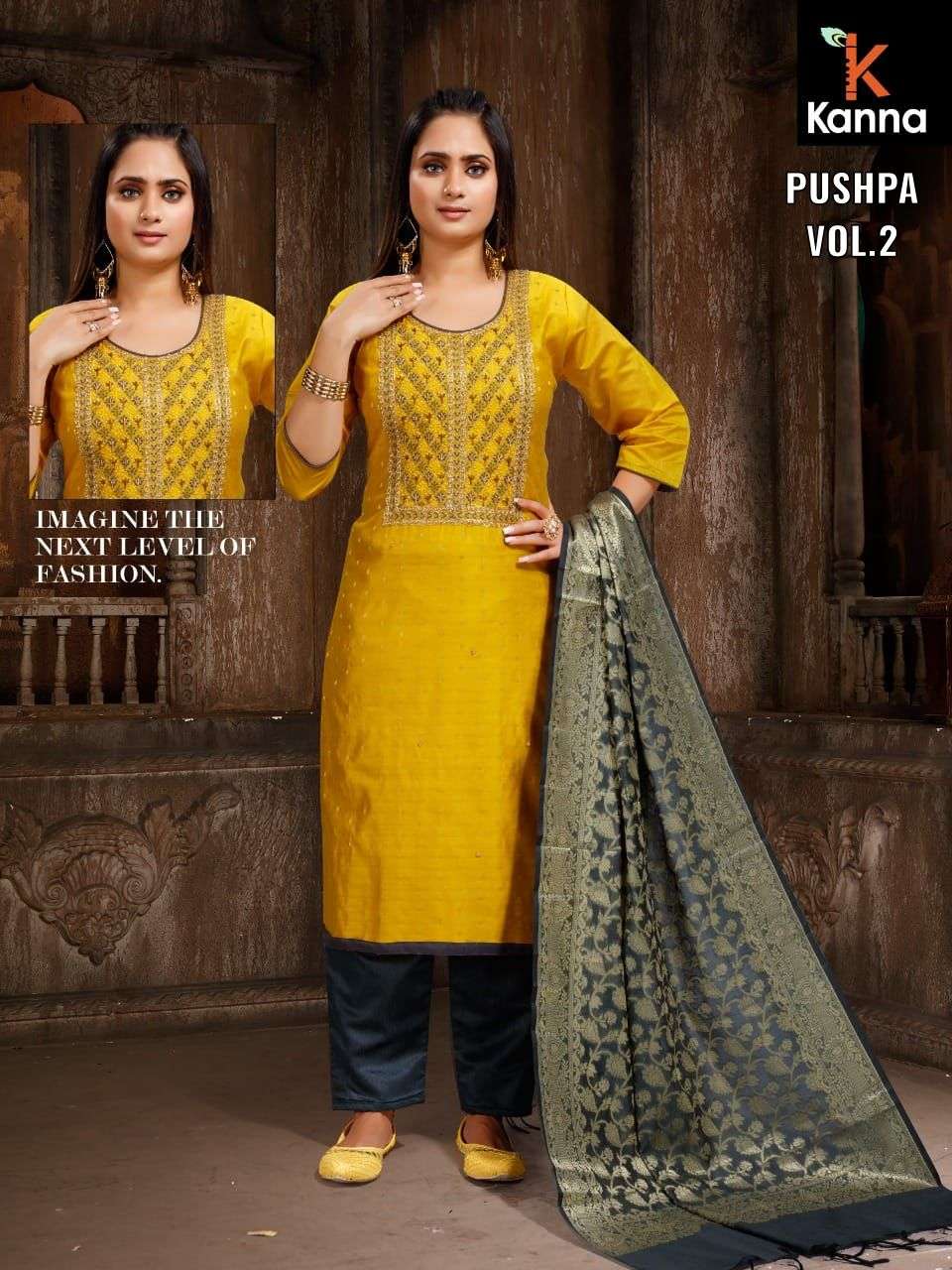 PUSHPA VOL-2 BY KANNA 201 TO 208 SERIES BEAUTIFUL SUITS COLORFUL STYLISH FANCY CASUAL WEAR & ETHNIC WEAR HEAVY MODAL SILK DRESSES AT WHOLESALE PRICE