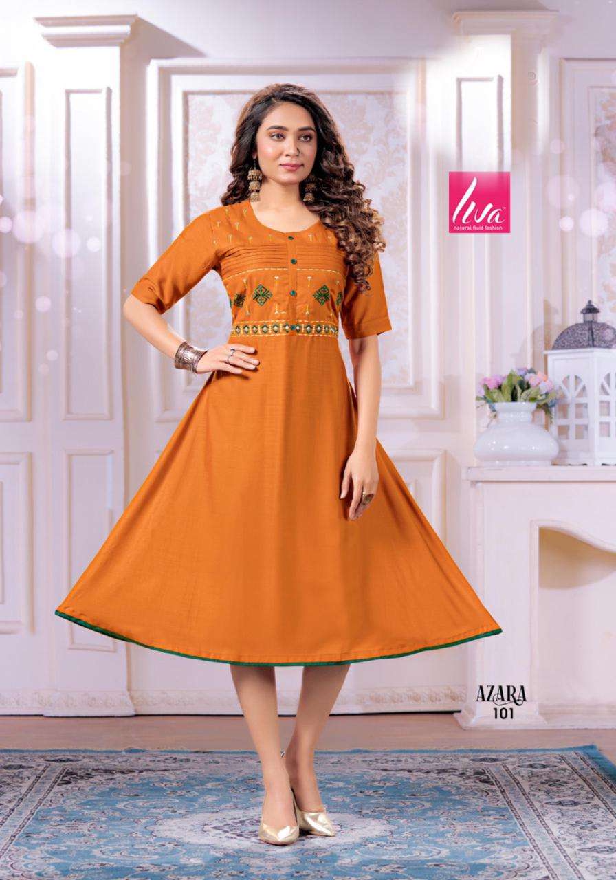 AZARA BY LIVA 101 TO 108 SERIES DESIGNER STYLISH FANCY COLORFUL BEAUTIFUL PARTY WEAR & ETHNIC WEAR COLLECTION RAYON SLUB EMBROIDERY KURTIS AT WHOLESALE PRICE