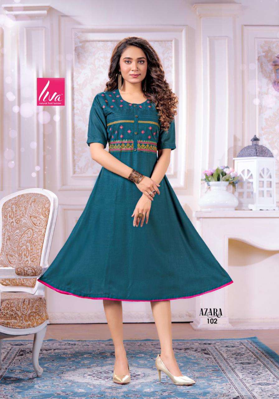 AZARA BY LIVA 101 TO 108 SERIES DESIGNER STYLISH FANCY COLORFUL BEAUTIFUL PARTY WEAR & ETHNIC WEAR COLLECTION RAYON SLUB EMBROIDERY KURTIS AT WHOLESALE PRICE