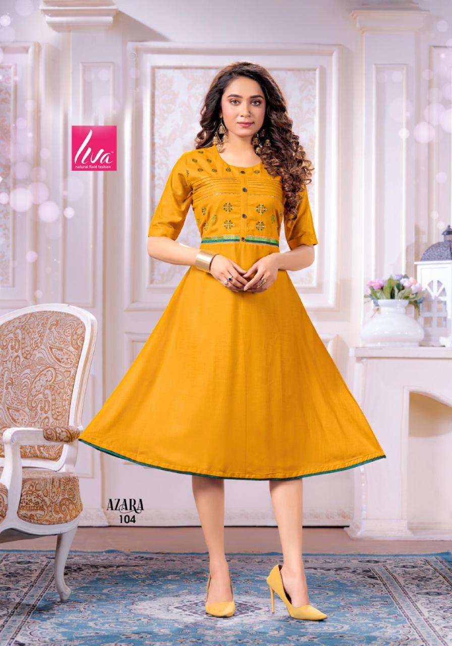 AZARA BY LIVA 101 TO 108 SERIES DESIGNER STYLISH FANCY COLORFUL BEAUTIFUL PARTY WEAR & ETHNIC WEAR COLLECTION RAYON SLUB EMBROIDERY KURTIS AT WHOLESALE PRICE