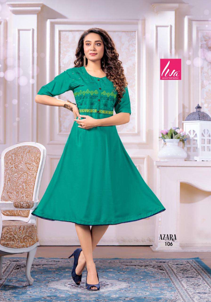 AZARA BY LIVA 101 TO 108 SERIES DESIGNER STYLISH FANCY COLORFUL BEAUTIFUL PARTY WEAR & ETHNIC WEAR COLLECTION RAYON SLUB EMBROIDERY KURTIS AT WHOLESALE PRICE