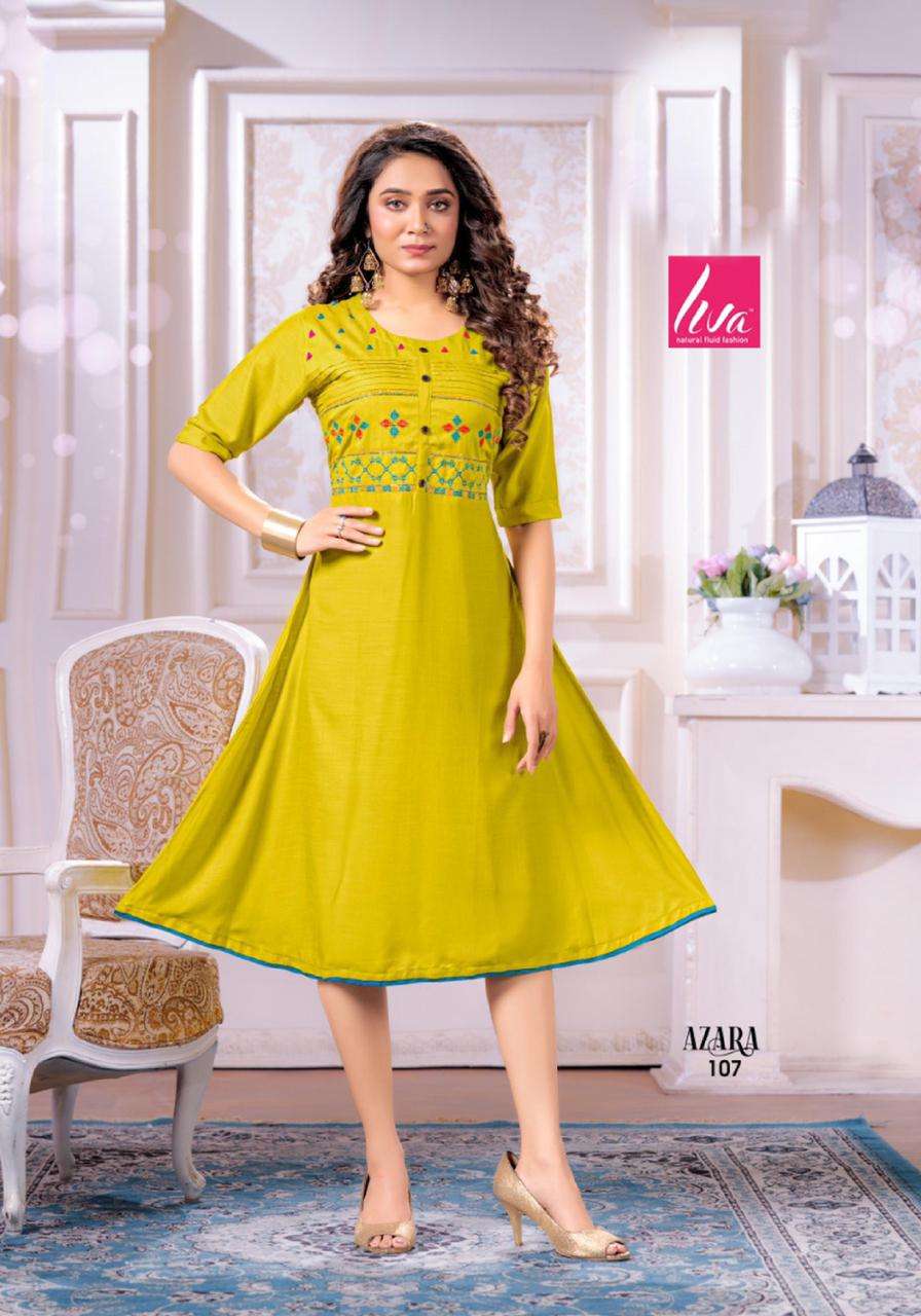 AZARA BY LIVA 101 TO 108 SERIES DESIGNER STYLISH FANCY COLORFUL BEAUTIFUL PARTY WEAR & ETHNIC WEAR COLLECTION RAYON SLUB EMBROIDERY KURTIS AT WHOLESALE PRICE