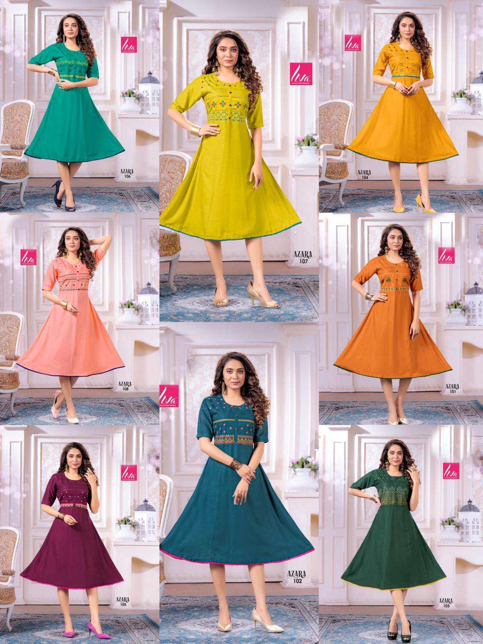 AZARA BY LIVA 101 TO 108 SERIES DESIGNER STYLISH FANCY COLORFUL BEAUTIFUL PARTY WEAR & ETHNIC WEAR COLLECTION RAYON SLUB EMBROIDERY KURTIS AT WHOLESALE PRICE