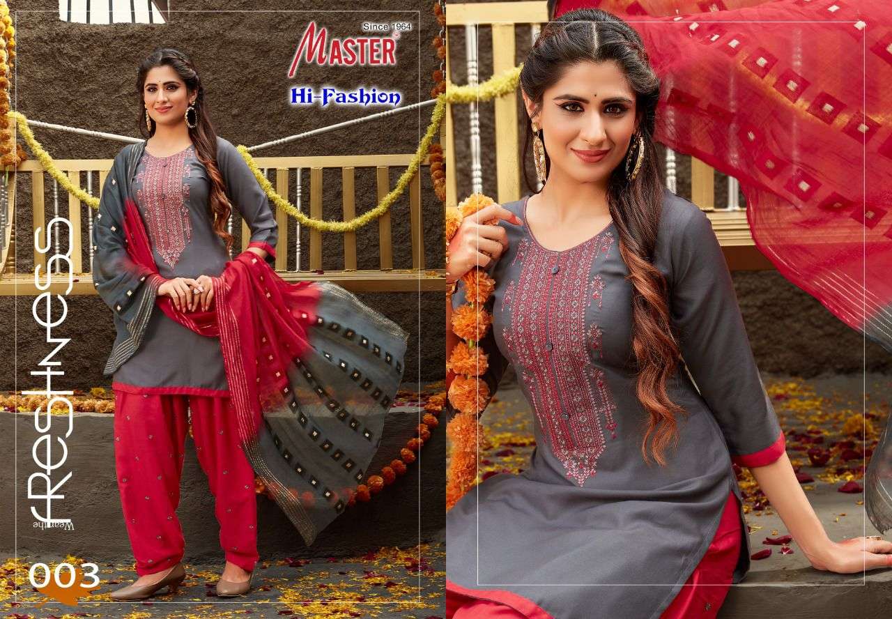 HI-FASHION BY MASTER 001 TO 008 SERIES BEAUTIFUL SUITS COLORFUL STYLISH FANCY CASUAL WEAR & ETHNIC WEAR HEAVY RAYON EMBROIDERED DRESSES AT WHOLESALE PRICE