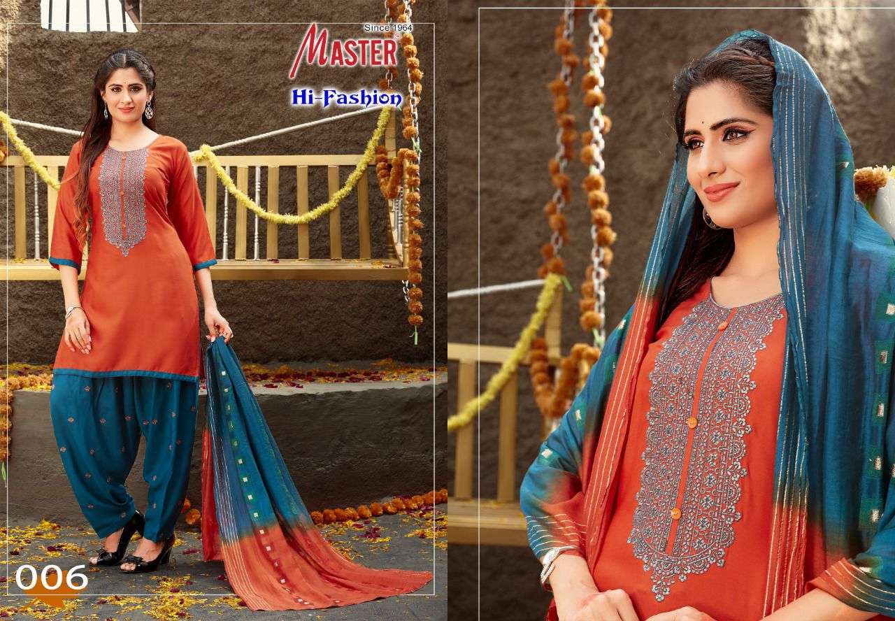 HI-FASHION BY MASTER 001 TO 008 SERIES BEAUTIFUL SUITS COLORFUL STYLISH FANCY CASUAL WEAR & ETHNIC WEAR HEAVY RAYON EMBROIDERED DRESSES AT WHOLESALE PRICE