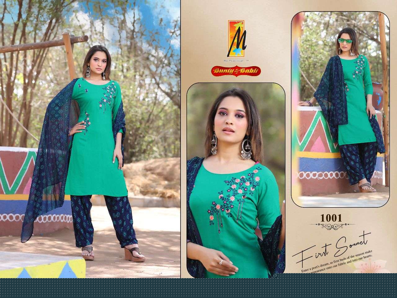 BUNTY AUR BABLI BY MASTER 1001 TO 1008 SERIES BEAUTIFUL PATIYALA SUITS COLORFUL STYLISH FANCY CASUAL WEAR & ETHNIC WEAR HEAVY RAYON EMBROIDERED DRESSES AT WHOLESALE PRICE