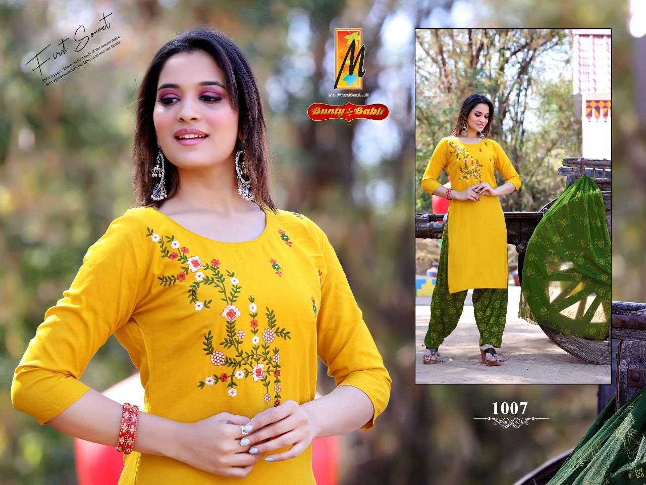 BUNTY AUR BABLI BY MASTER 1001 TO 1008 SERIES BEAUTIFUL PATIYALA SUITS COLORFUL STYLISH FANCY CASUAL WEAR & ETHNIC WEAR HEAVY RAYON EMBROIDERED DRESSES AT WHOLESALE PRICE
