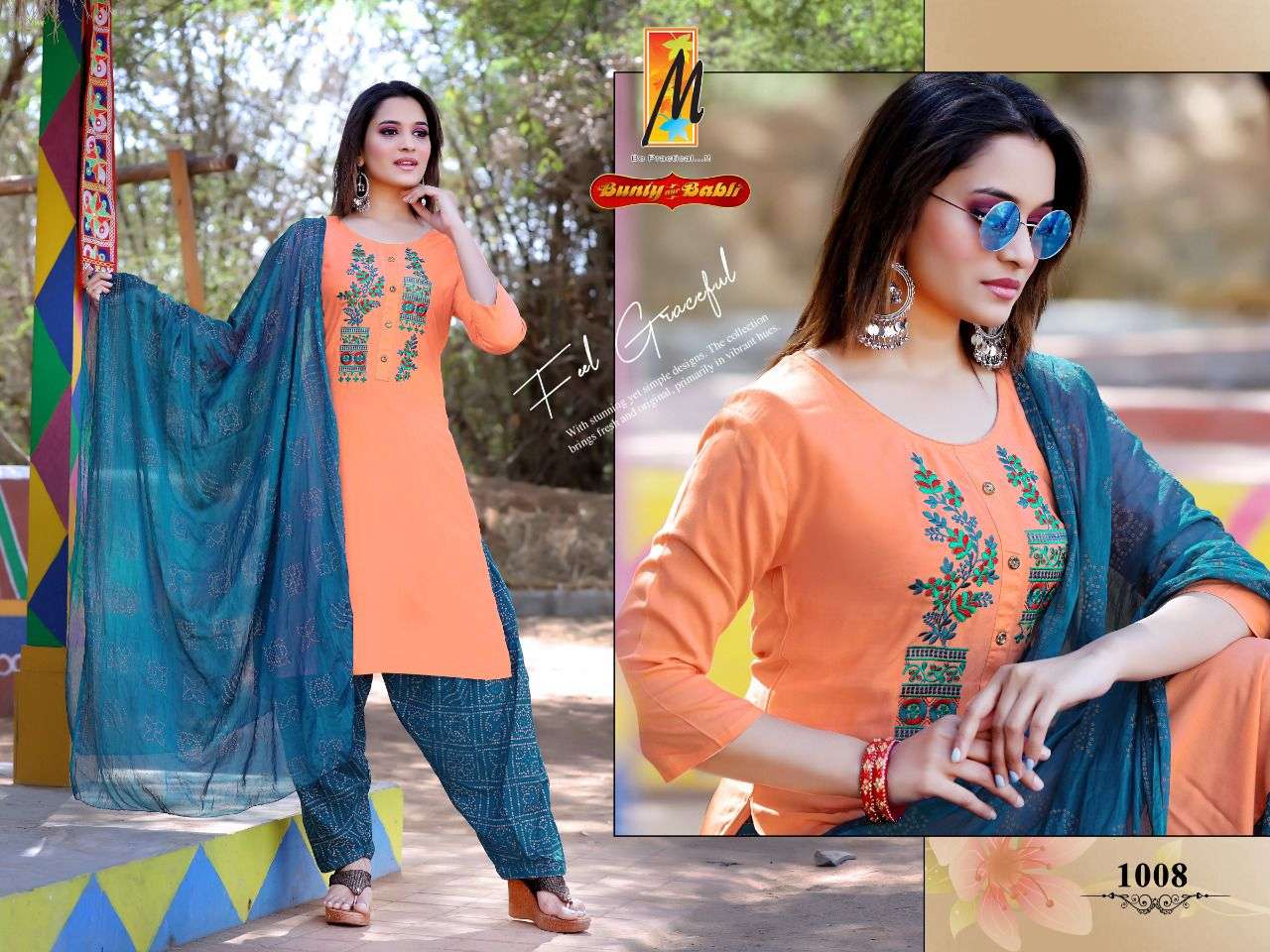 BUNTY AUR BABLI BY MASTER 1001 TO 1008 SERIES BEAUTIFUL PATIYALA SUITS COLORFUL STYLISH FANCY CASUAL WEAR & ETHNIC WEAR HEAVY RAYON EMBROIDERED DRESSES AT WHOLESALE PRICE