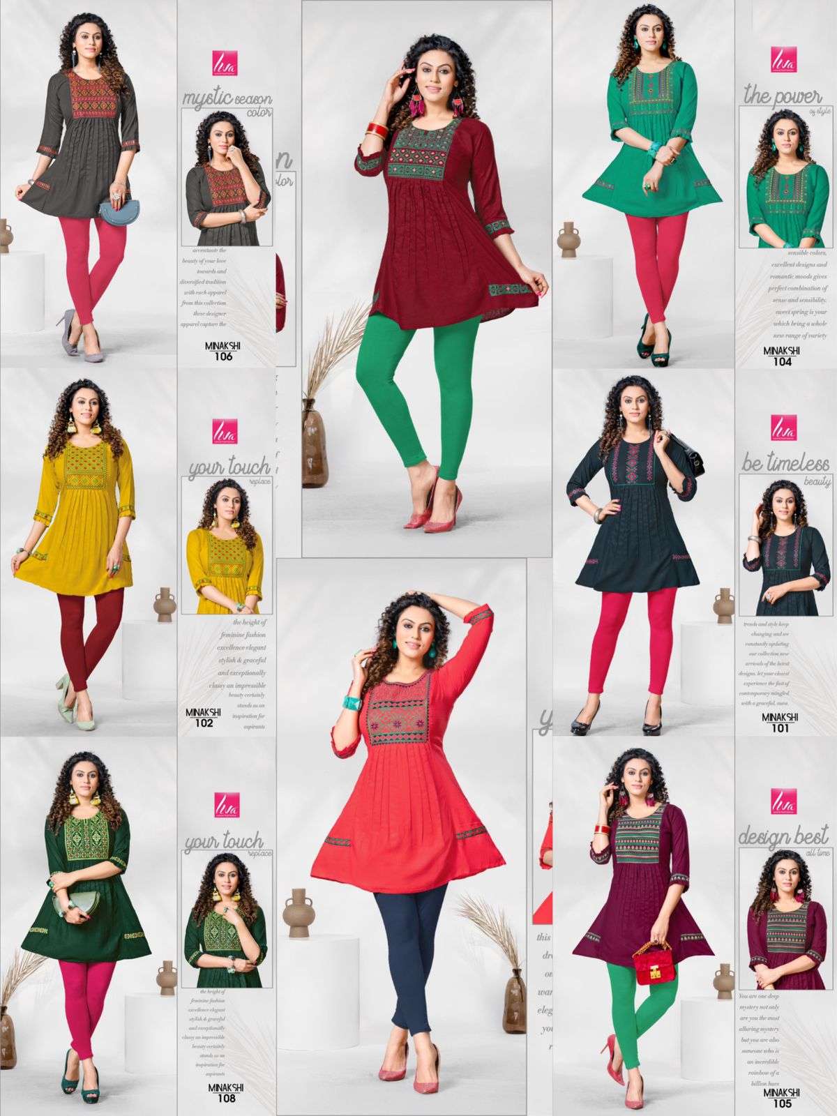 MINAKSHI BY LIVA 101 TO 108 SERIES BEAUTIFUL STYLISH FANCY COLORFUL CASUAL WEAR & ETHNIC WEAR HEAVY RAYON EMBROIDERED TOPS AT WHOLESALE PRICE